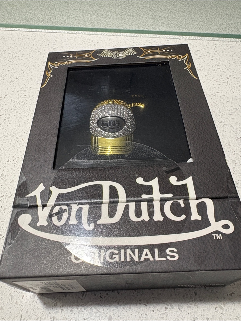 Von Dutch Gold Tone Pendant with Silver Crystal Oval Logo